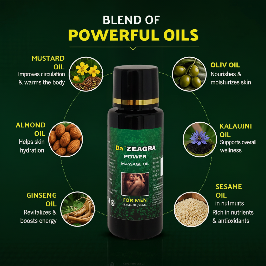 Da’ Zeagra Power Massage Oil for Men – Black Bottle with Green Label and Gold Cap