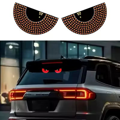 Animated Devil Eyes LED car window light installed on an SUV rear windshield