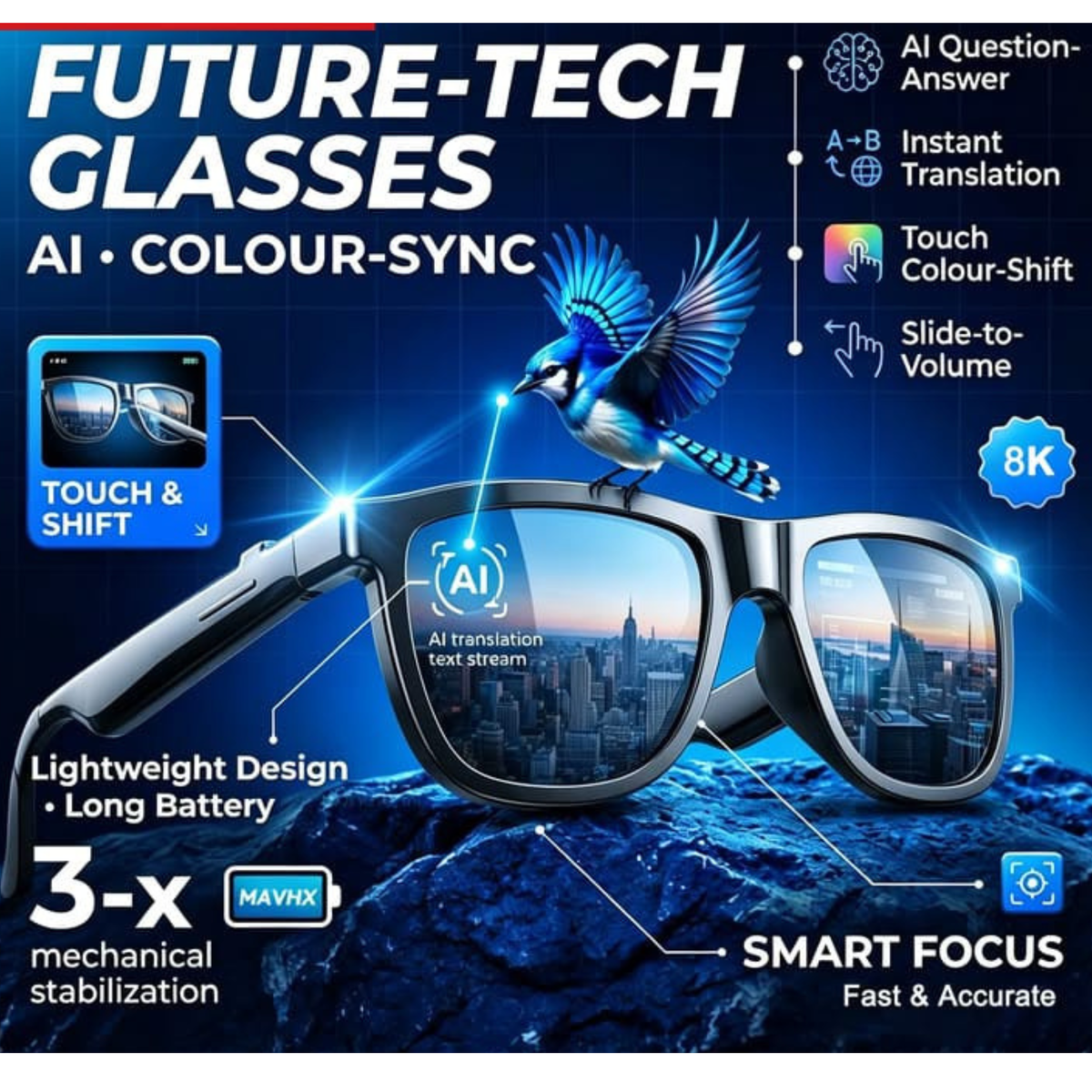 AIMB G2 AI Camera Glasses – 8MP, 1080P Video, Bluetooth & Voice Assistant