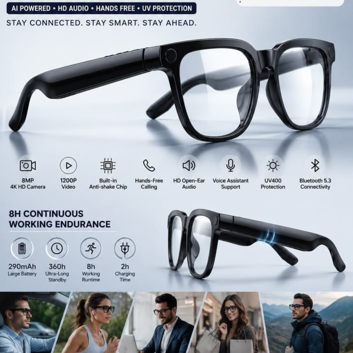 AIMB G2 AI Camera Glasses – 8MP, 1080P Video, Bluetooth & Voice Assistant