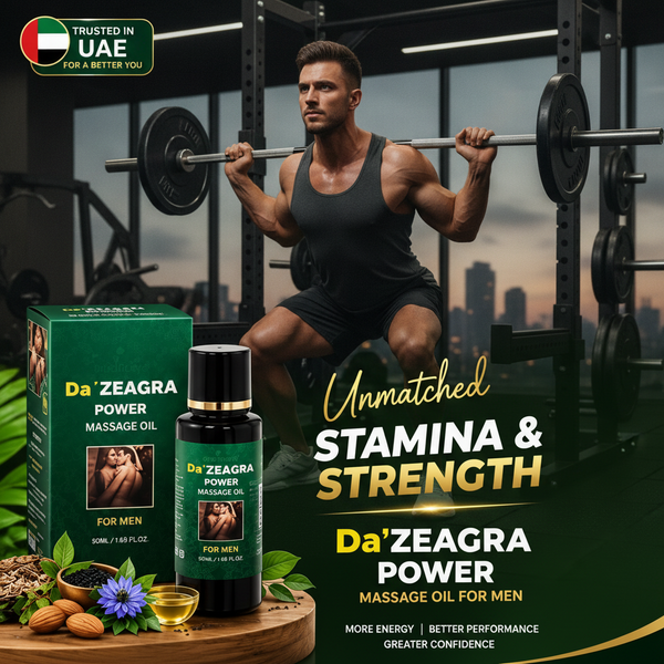 Da’ Zeagra Power Massage Oil for Men – 50ml bottle and packaging displayed with a fitness-themed background