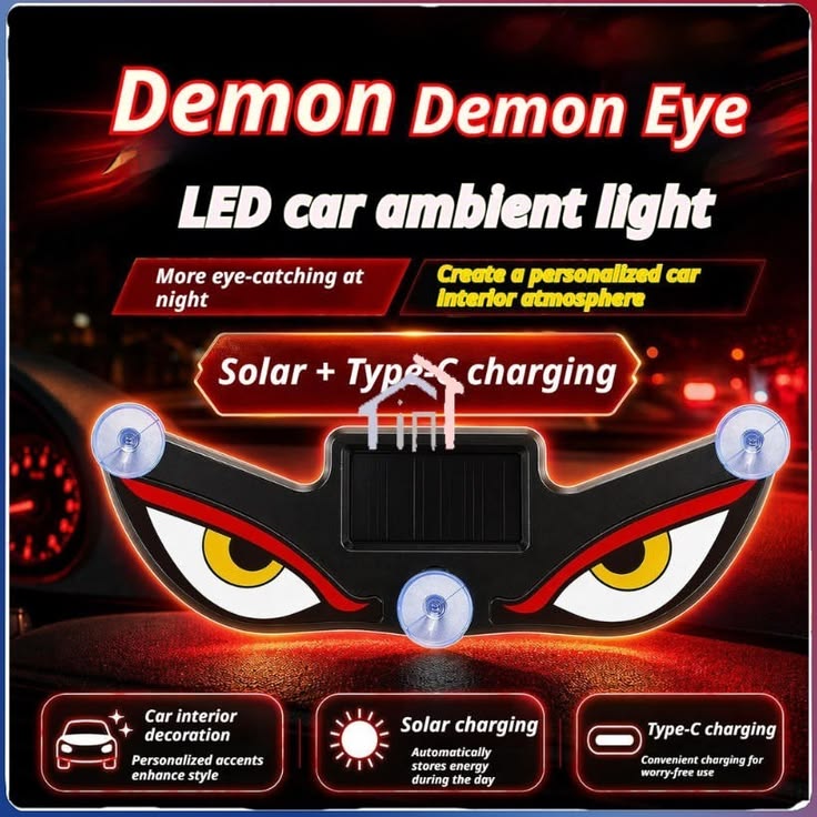 Solar Devil Eyes LED car window light with USB Type-C charging