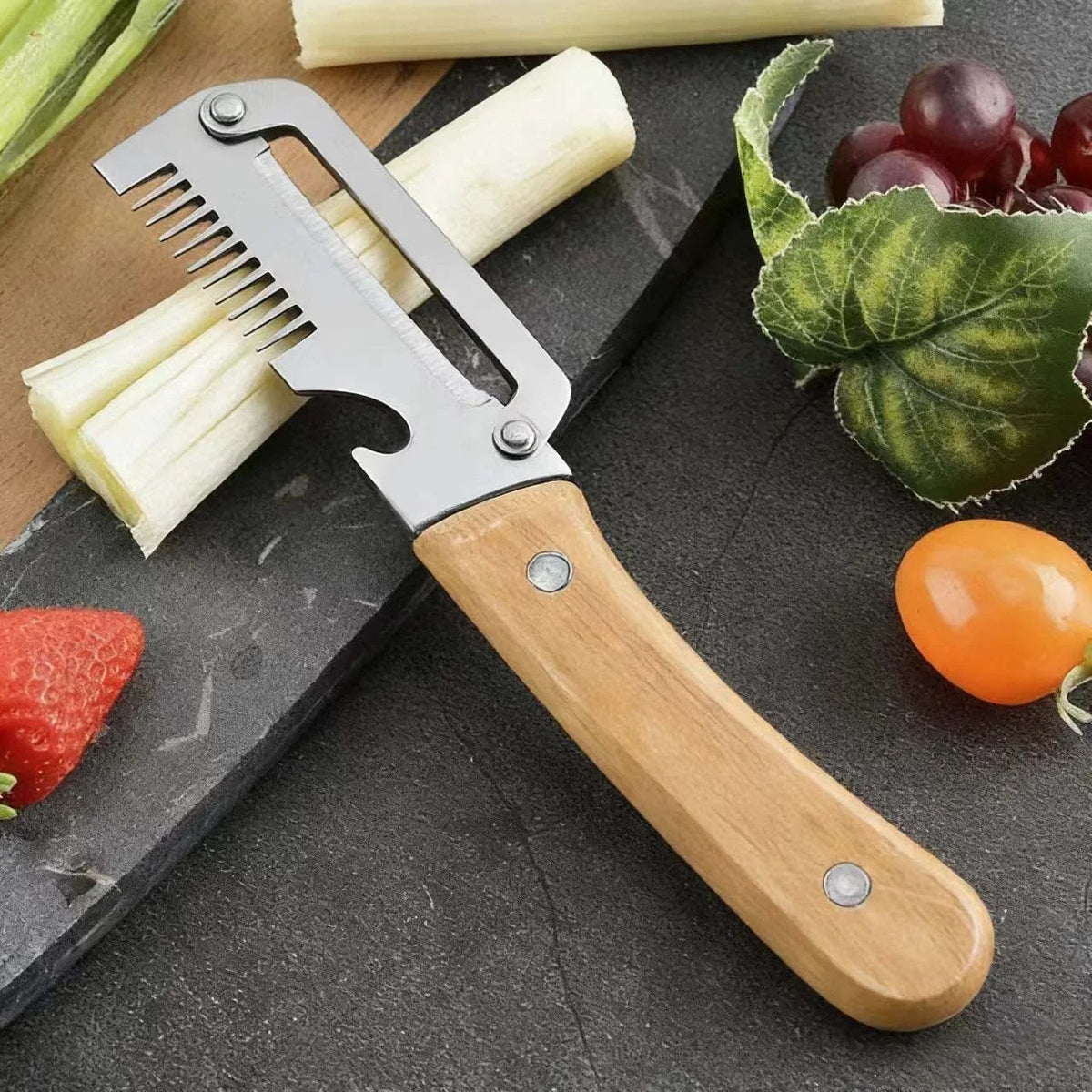 3-in-1 Multifunctional Vegetable Peeler with Stainless Steel Blade & Wooden Handle