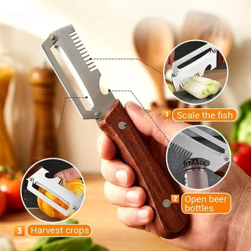 3-in-1 Multifunctional Vegetable Peeler with Stainless Steel Blade & Wooden Handle